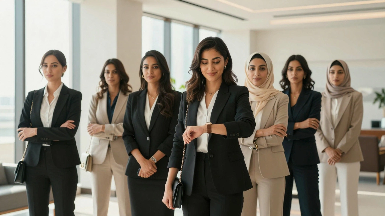 A group of confident women in elegant attire standing together in a modern Dubai apartment lobby.