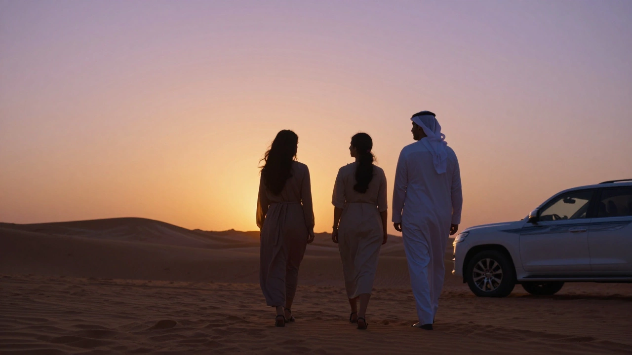 A woman and client walking quietly together at sunset on Dubai&#039;s desert dunes.